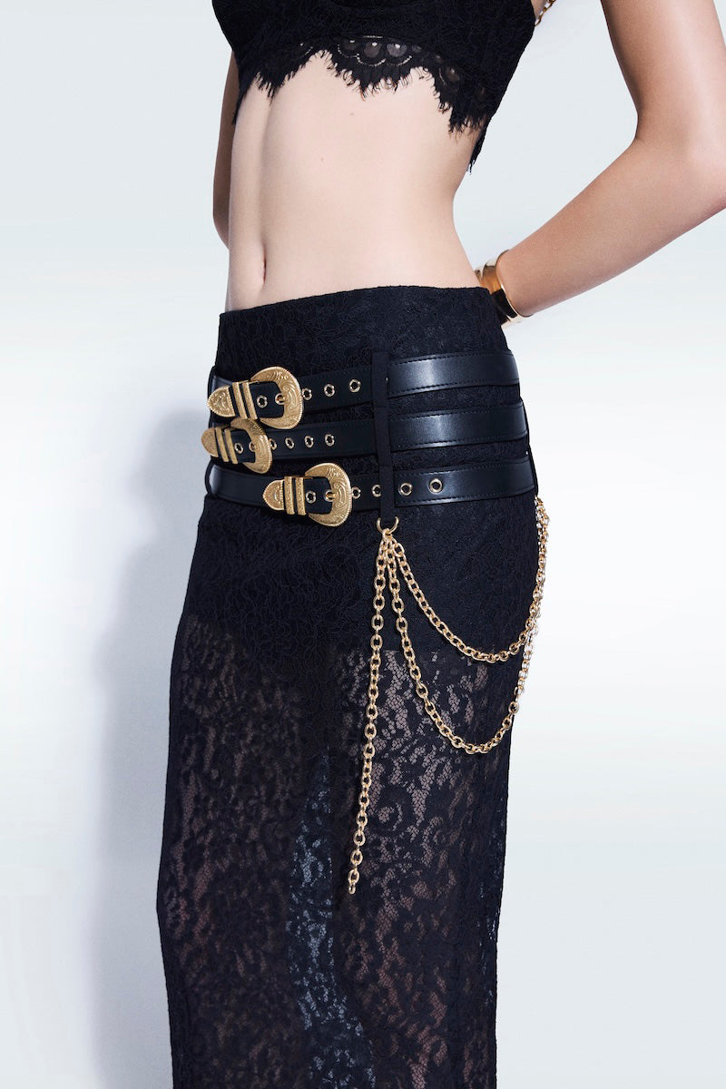 Black lace midi skirt with belts by Zeynep Tosun, featuring intricate lace details and stylish belt accents.