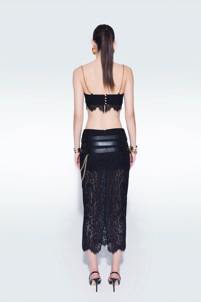 Black lace midi skirt with belts by Zeynep Tosun, featuring intricate lace details and stylish belt accents.