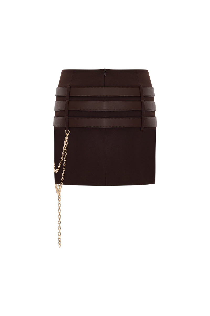 Brown mini skirt with belt details from Zeynep Tosun, shown from the back, stylish and fitted for a modern look.