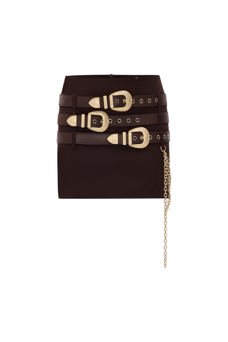 Brown mini skirt with belts by Zeynep Tosun, featuring a fitted silhouette and stylish waistband, front view.