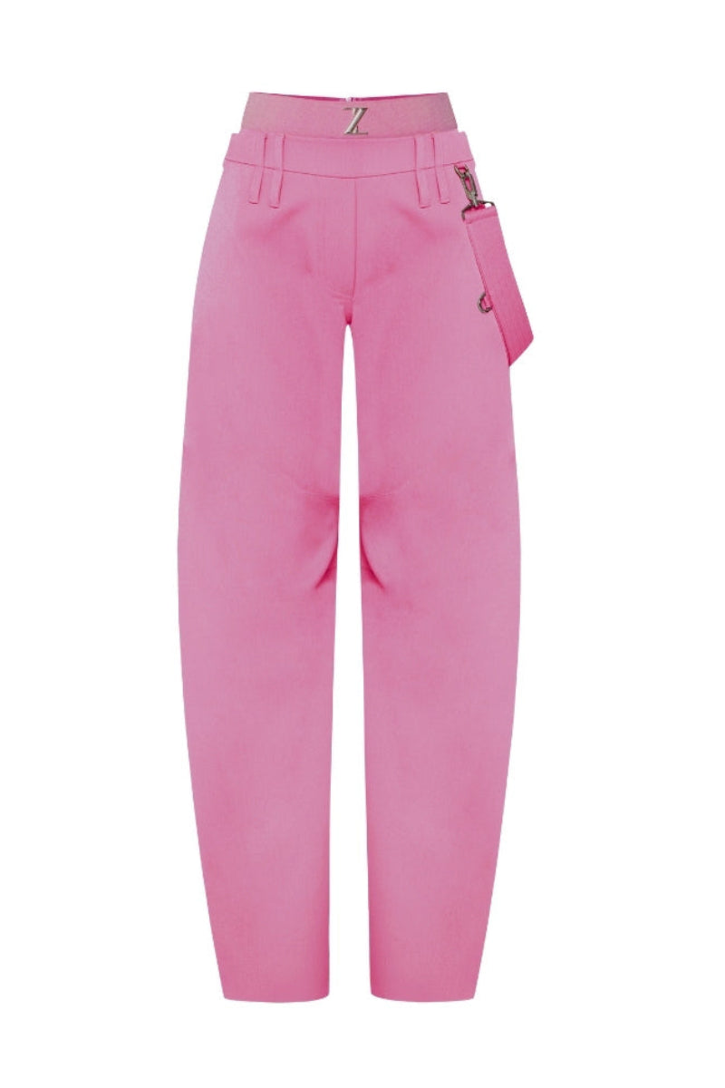 Pink high waist pants by Zeynep Tosun, front view showing tailored fit and sleek design.