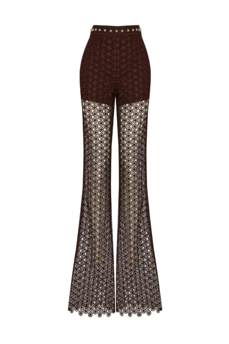 Zeynep Tosun brown broderie pants shown from the back, featuring intricate embroidery and a relaxed fit.