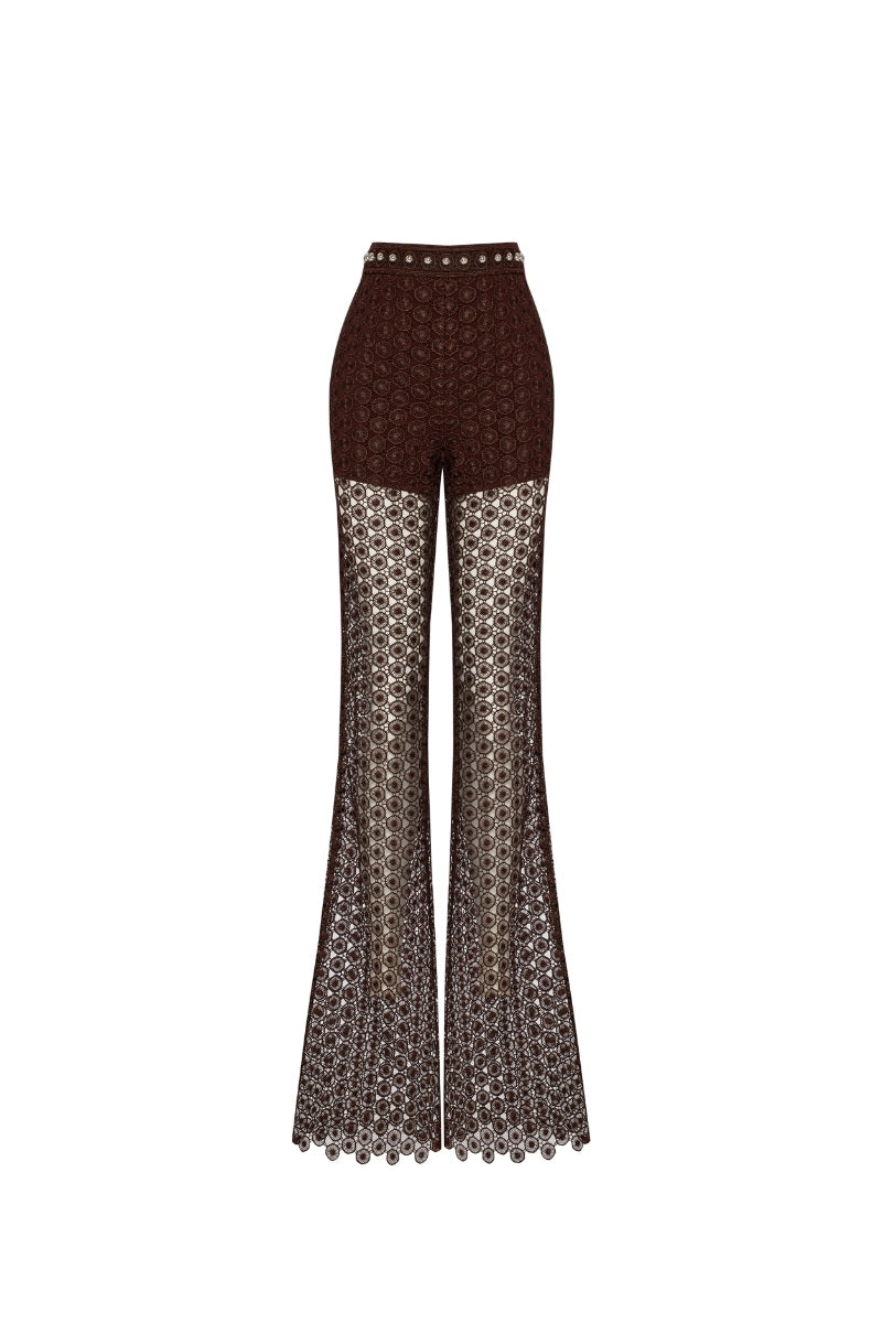 Brown broderie pants by Zeynep Tosun featuring intricate embroidery, front view showing tailored fit and stylish design.