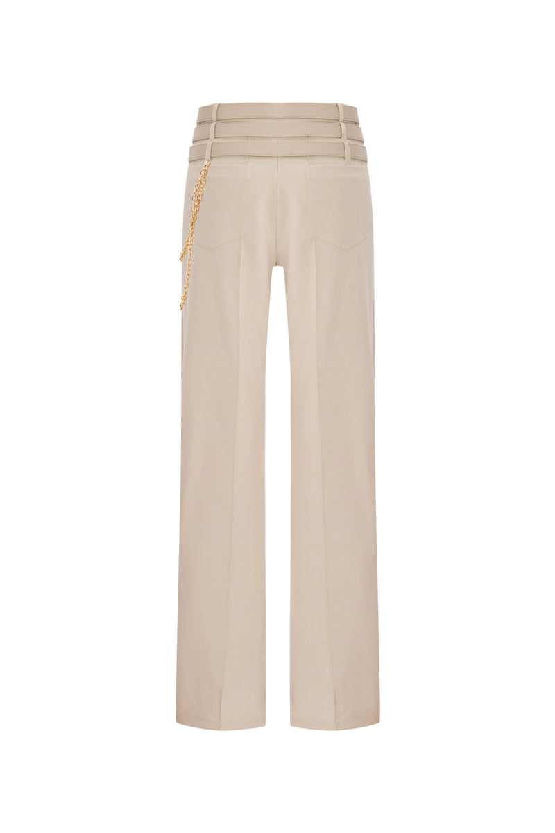 Beige Zeynep Tosun pants with belts, back view showcasing tailored fit and stylish design.