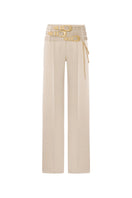 Beige Zeynep Tosun pants with matching belt, front view showing tailored fit and stylish design.