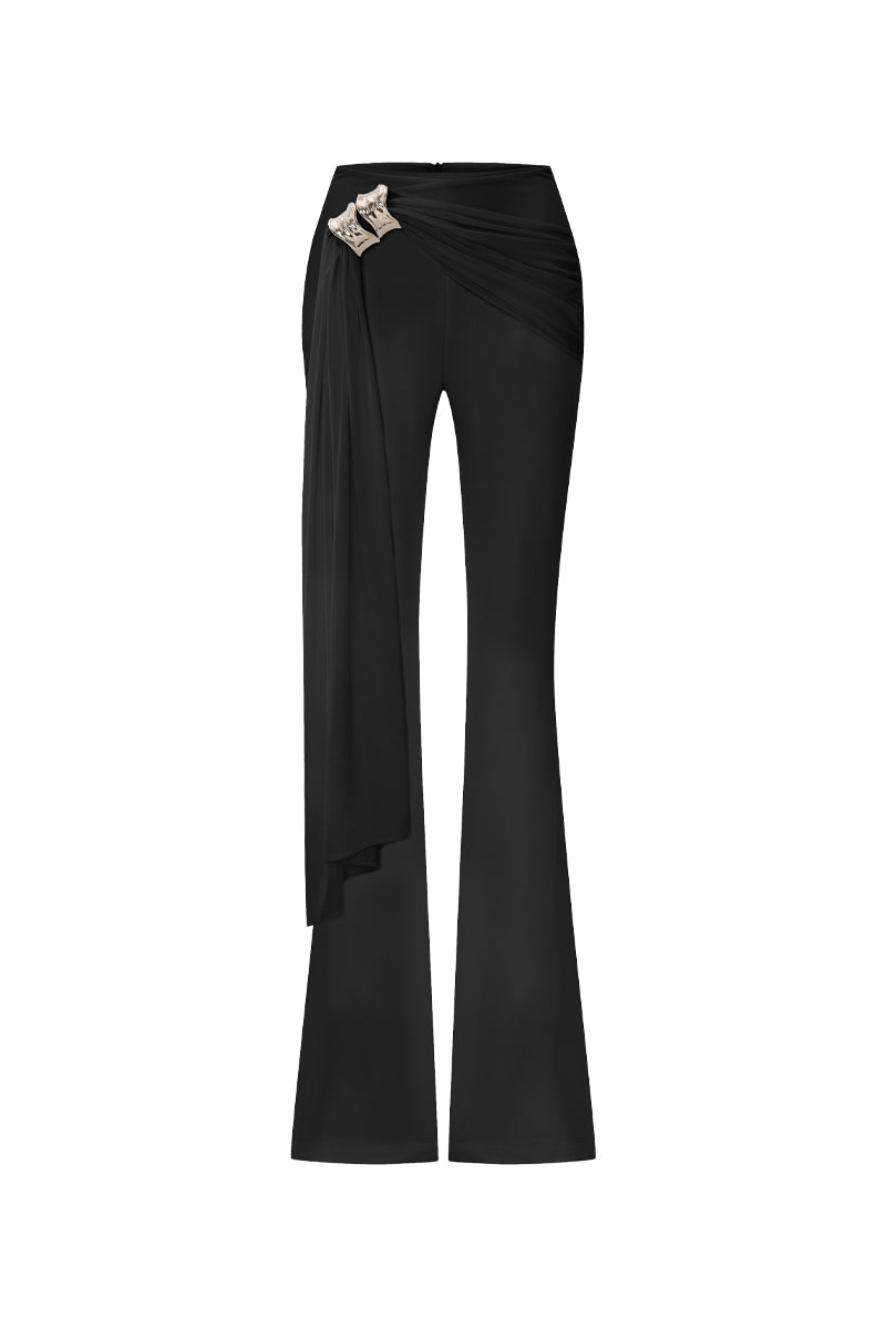 Black wide-leg draped pants by Zeynep Tosun, front view showcasing relaxed fit and stylish draping details.