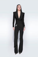 Black wide leg draped pants by Zeynep Tosun, featuring flowing fabric and stylish silhouette.