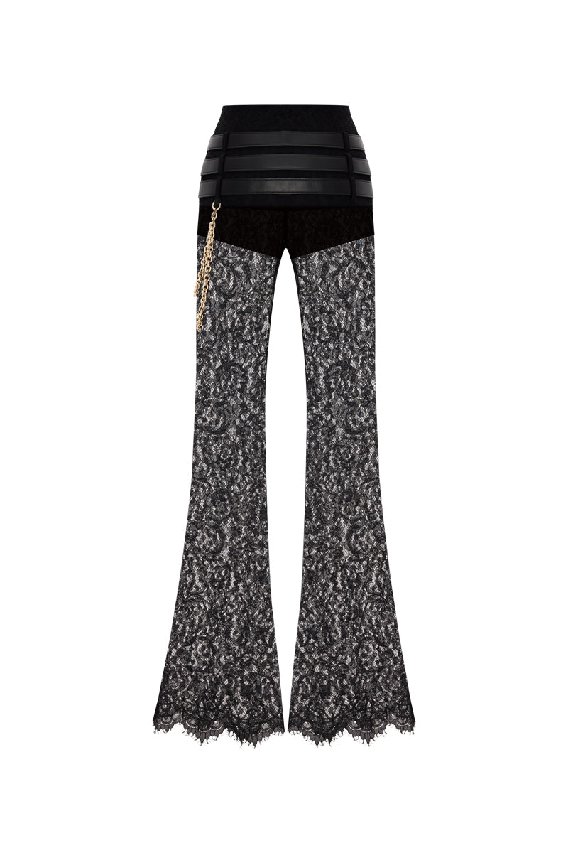 Black lace pants with belts by Zeynep Tosun, shown from the back, featuring intricate lace details and stylish belt accents.