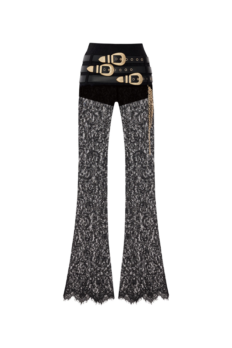 Black lace pants with belts by Zeynep Tosun, featuring intricate lace detailing and stylish belt accents.