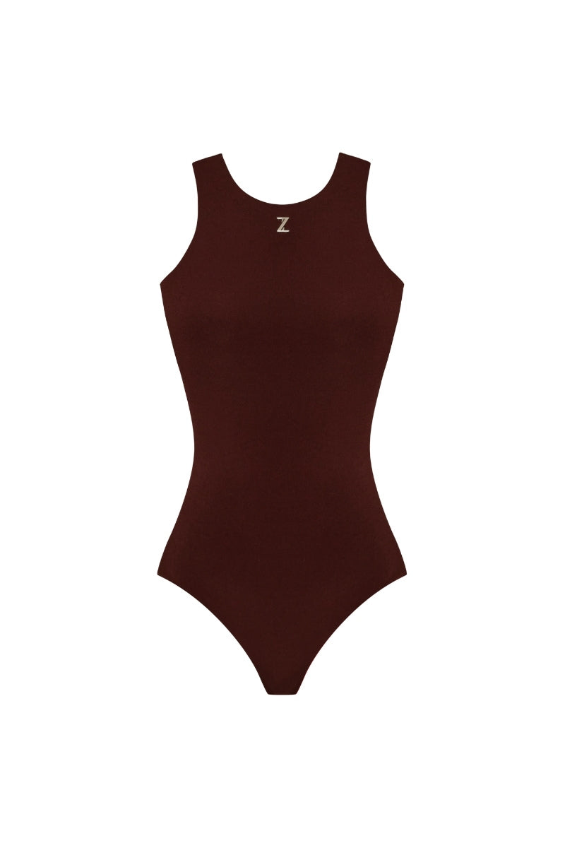 Brown jersey bodysuit by Zeynep Tosun featuring a fitted top with long sleeves and a sleek, minimalist design.