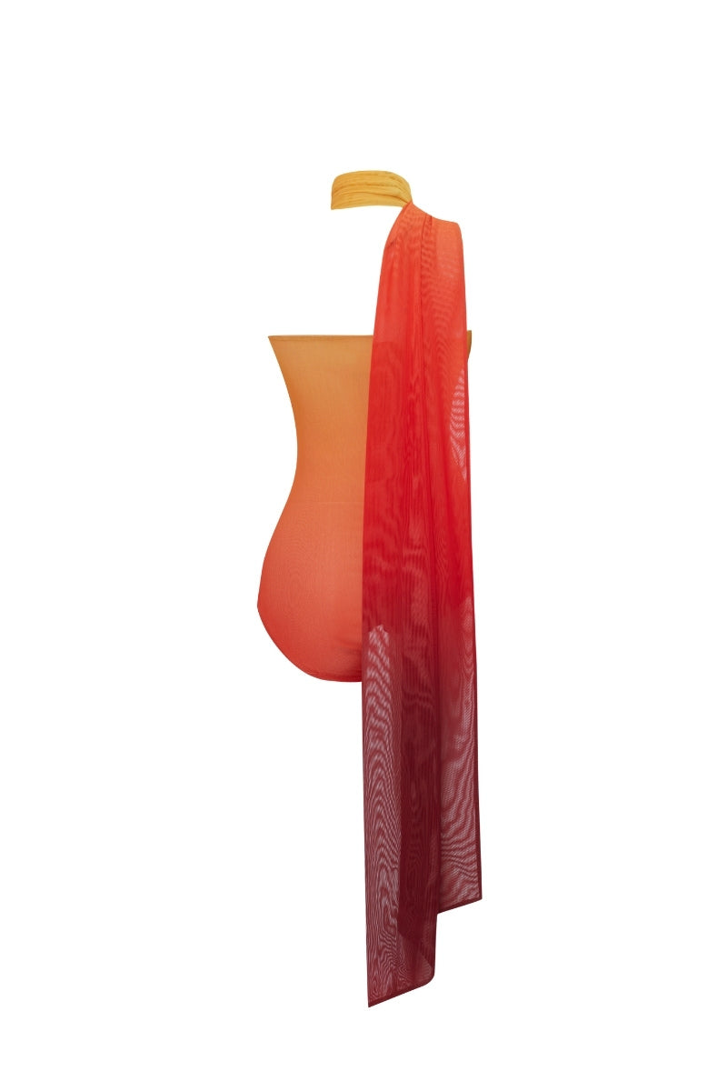 Zeynep Tosun Sunset one-shoulder printed tulle bodysuit with colorful design, back view showcasing the flowing tulle fabric.
