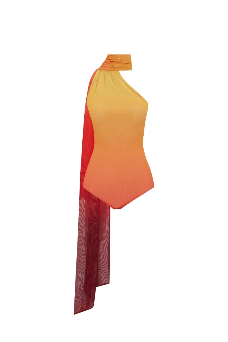 Zeynep Tosun Sunset one-shoulder printed tulle bodysuit featuring vibrant colors and elegant design, front view image.