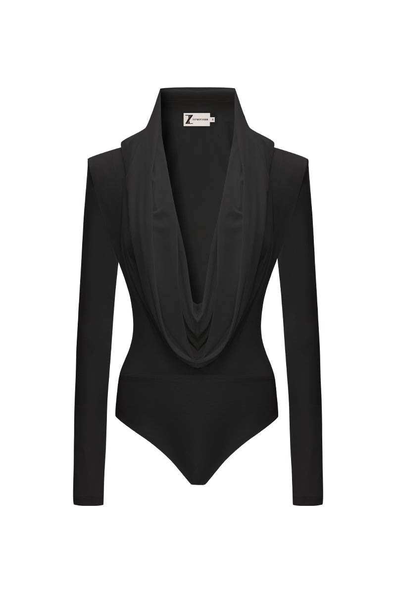 Black draped top by Zeynep Tosun featuring elegant fabric and stylish design, shown from the front.