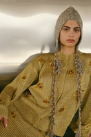 Gold knitted cardigan with embroidered button-down front by Lalo, featuring a cozy, stylish design and detailed embroidery.
