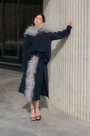 Lalo relaxed fit knit sweater with gray feather trim, soft and cozy tops for casual wear.