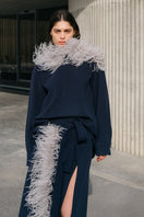 Lalo relaxed fit knit sweater with gray feather trim, showcasing soft fabric and cozy style, perfect for casual wear.