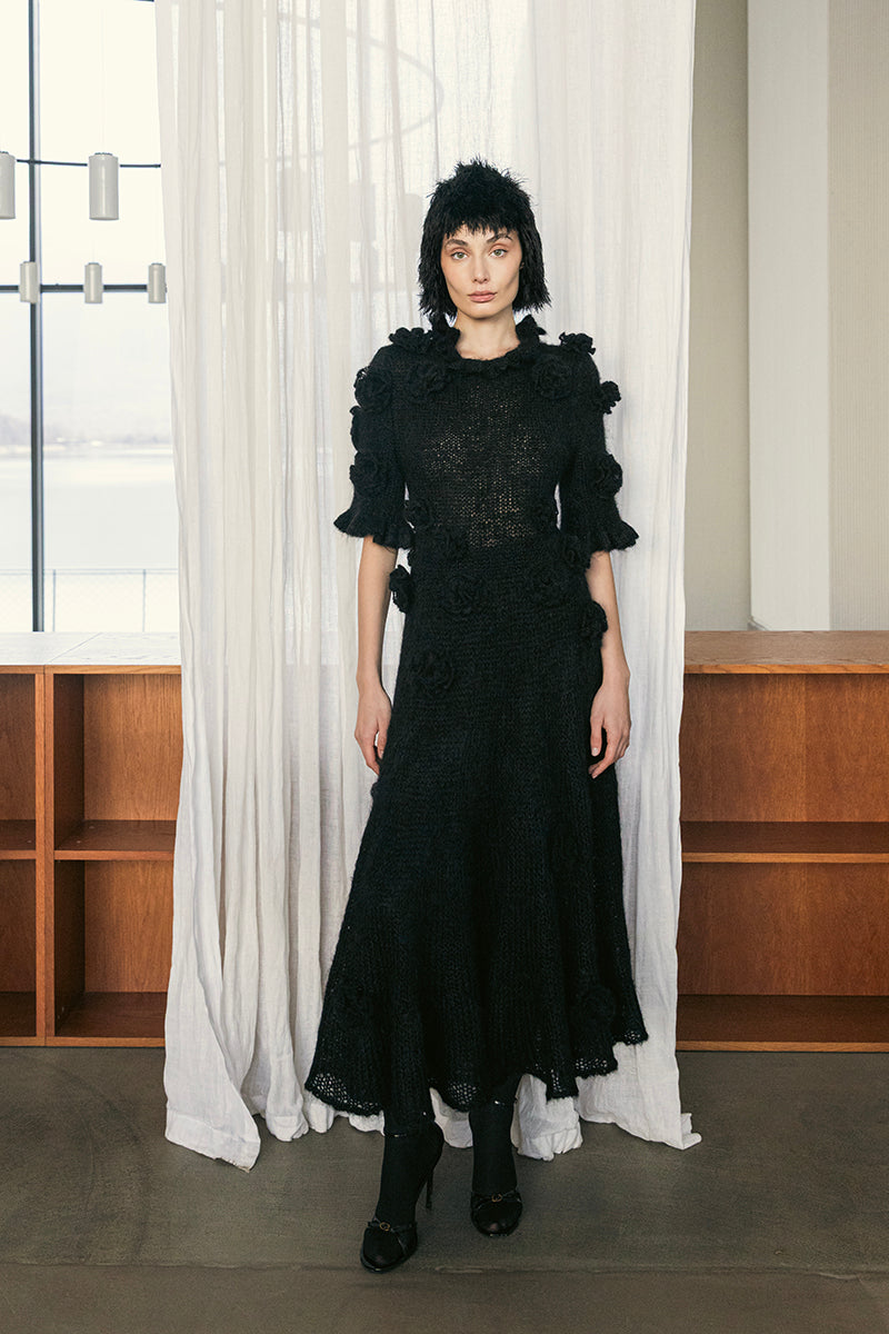 DRAPED A LINE DRESS WITH FLOWER DETAILS IN BLACK | CULT MIA