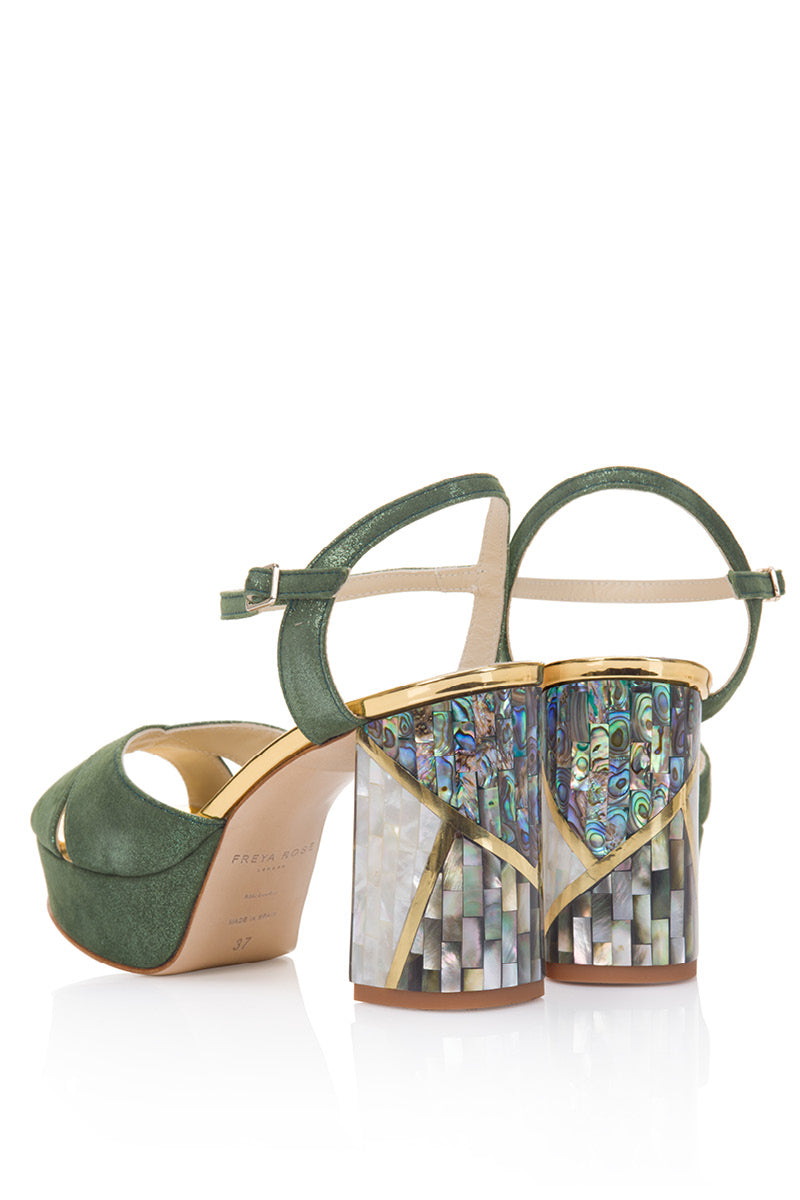 Green Zara Verde heels by Freya Rose featuring elegant design and pointed toes, displayed on a neutral background.