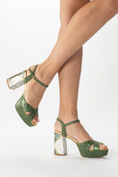 Green Zahra Verde heels by Freya Rose featuring a stylish design and elegant heel height, perfect for formal or special occasions.