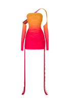 BBXBRAND ZAYA Tassel Mini Dress in Sunset Ombre, front view showing vibrant ombre fabric and tassel details for a stylish look