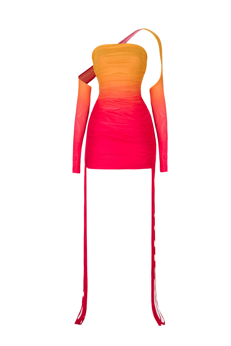 BBXBRAND ZAYA Tassel Mini Dress in Sunset Ombre, front view showing vibrant ombre fabric and tassel details for a stylish look