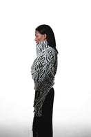 Kris Marán high neck zebra print bomber jacket with matching gloves, stylish and warm outerwear for cold weather.