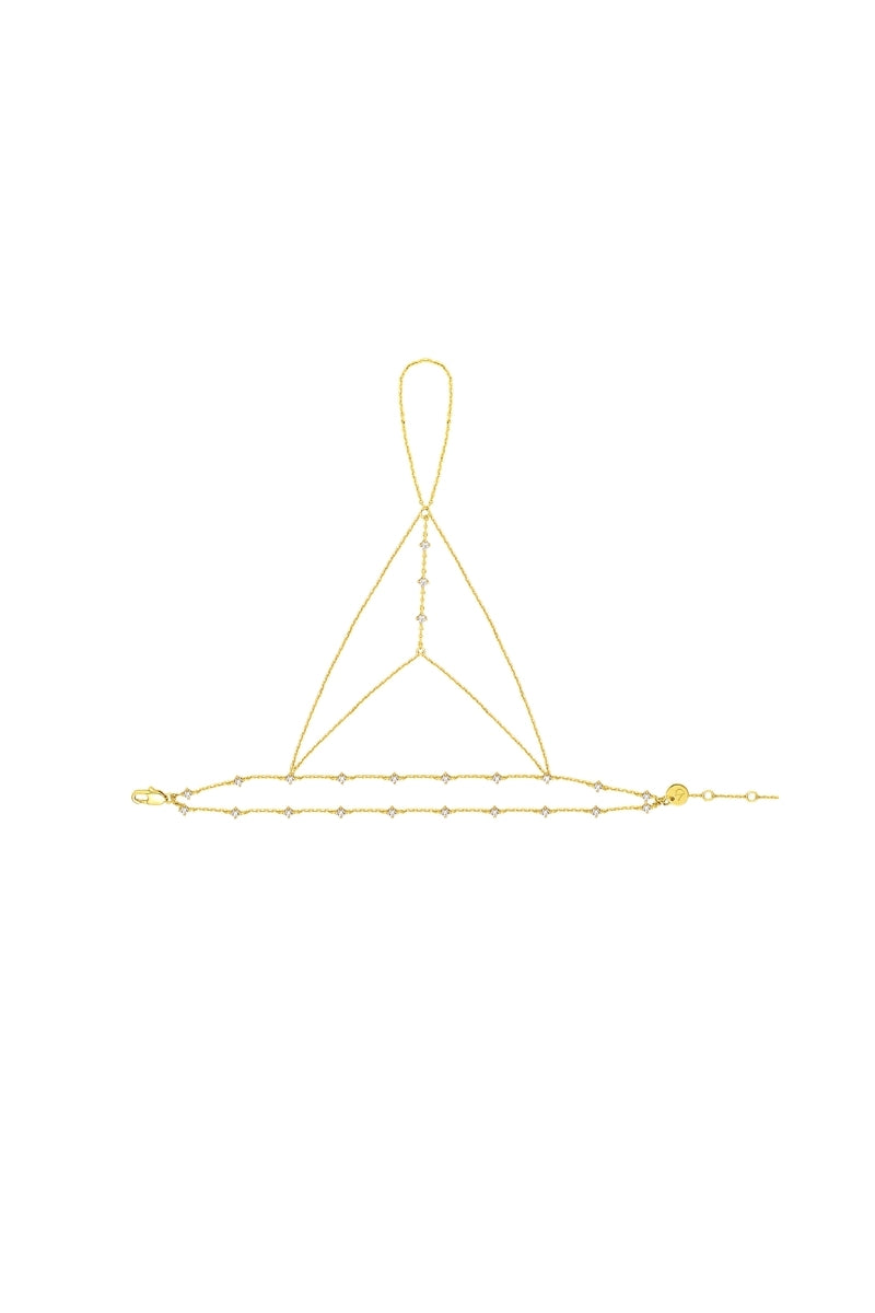 Gold Zeen hand chain bracelet by Velvet Desert featuring intricate chain design and elegant adornment.