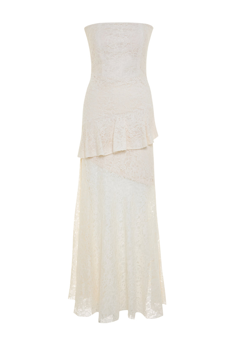 Nana Gotti Zephyra midi dress in flowy fabric with a fitted waist and off-shoulder design, displayed on a mannequin.