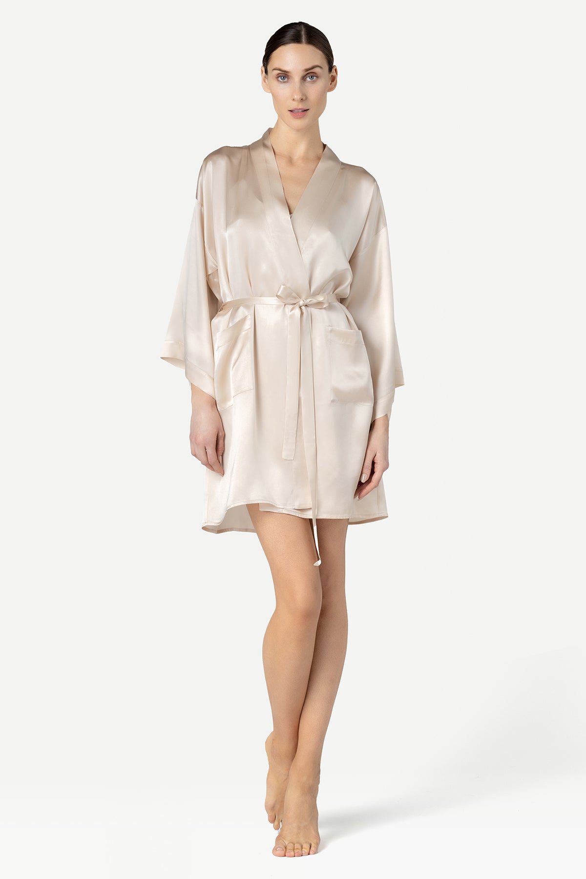 NK IMODE zero waste robe in champagne color, showcasing the eco-friendly design and comfortable fit of this stylish robe.