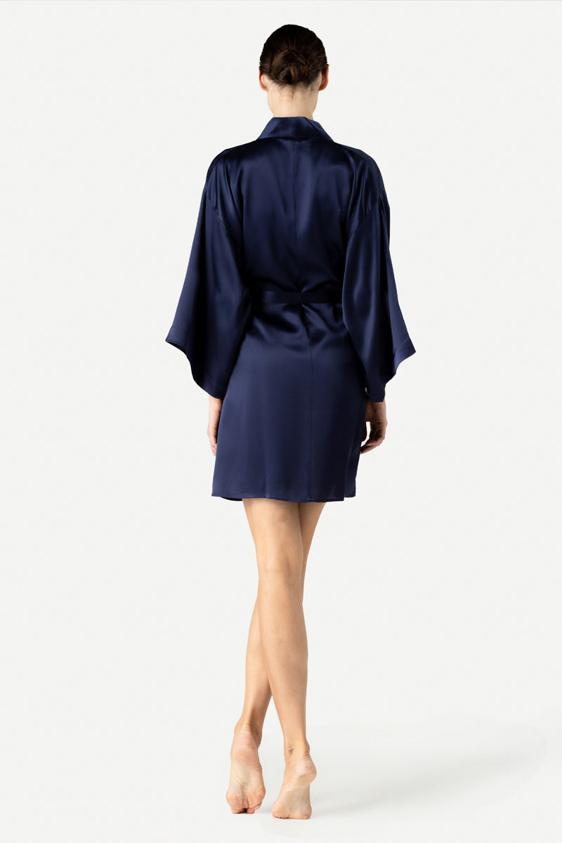 NK IMODE Zero Waste Robe in evening blue, showcasing the back view of the eco-friendly, sustainable robe.