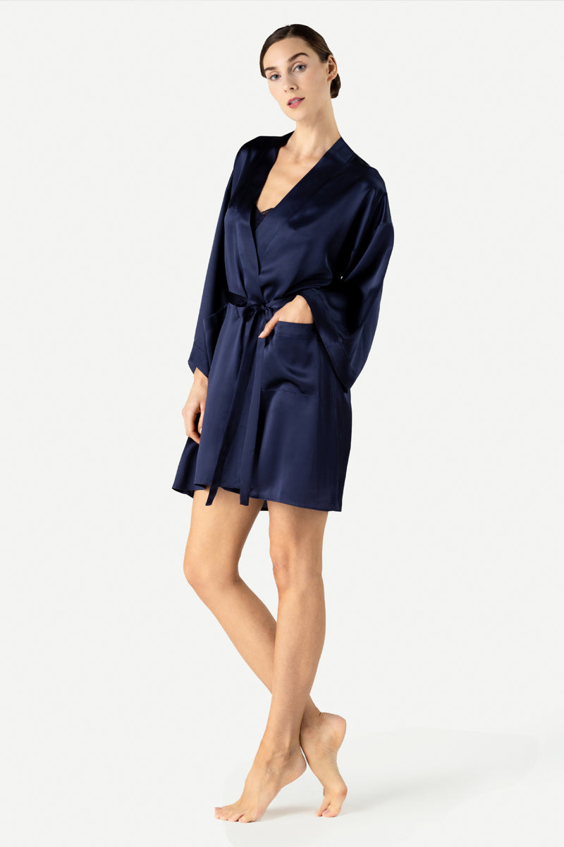 NK IMODE Zero Waste Robe in evening blue, stylish and eco-friendly robe shown from the side view.