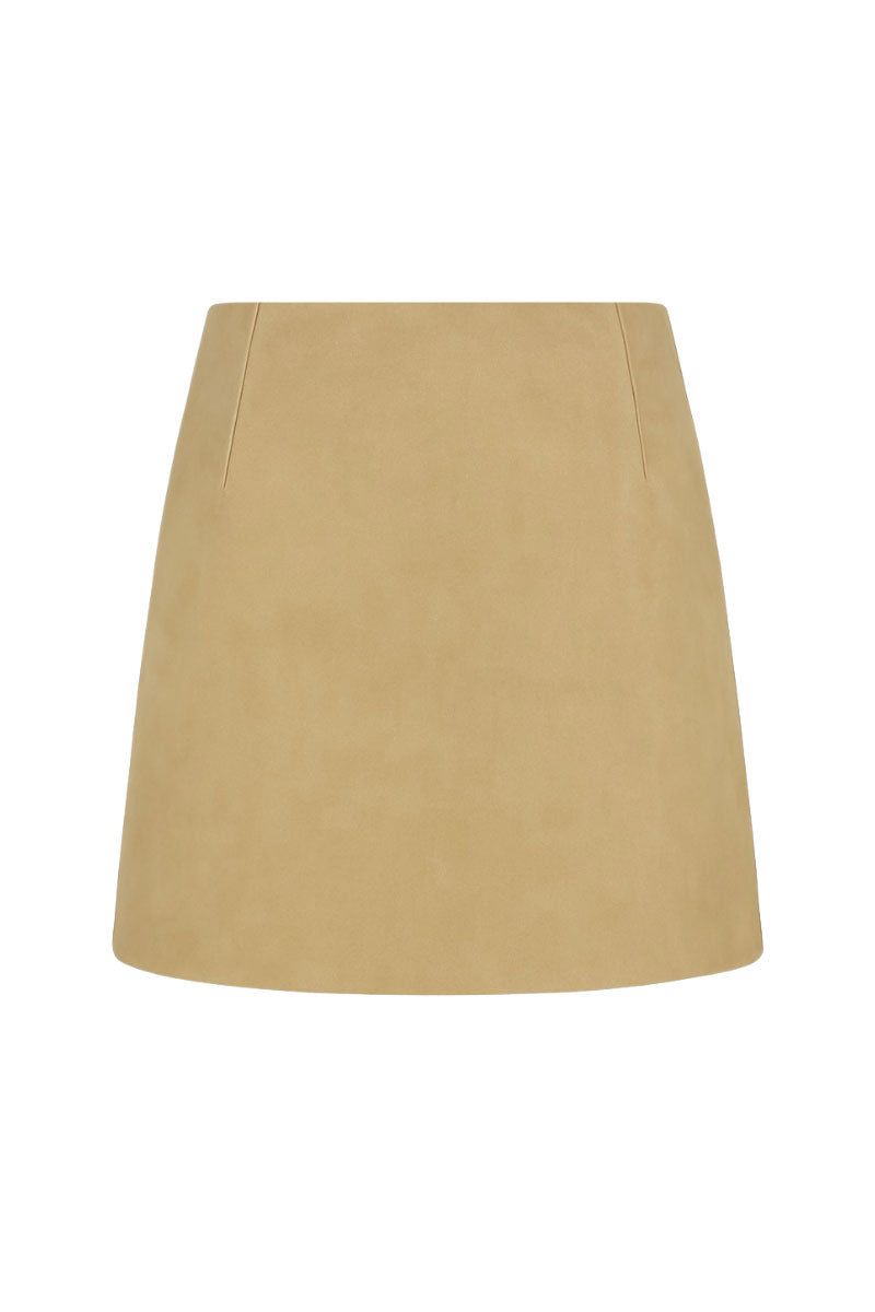 Zut Zia mini skirt in butter yellow, lightweight fabric, high waist design, and stylish fit, perfect for casual or dressy outfits.