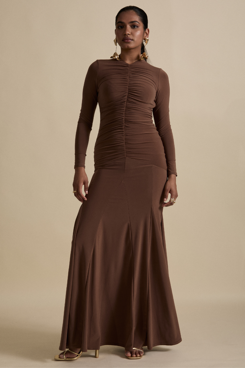 ZINNIA MAXI DRESS IN WOODSMOKE TAN