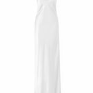 Serenity Zoe white silk satin maxi gown displayed on a hanger, showcasing its elegant flow and smooth fabric.