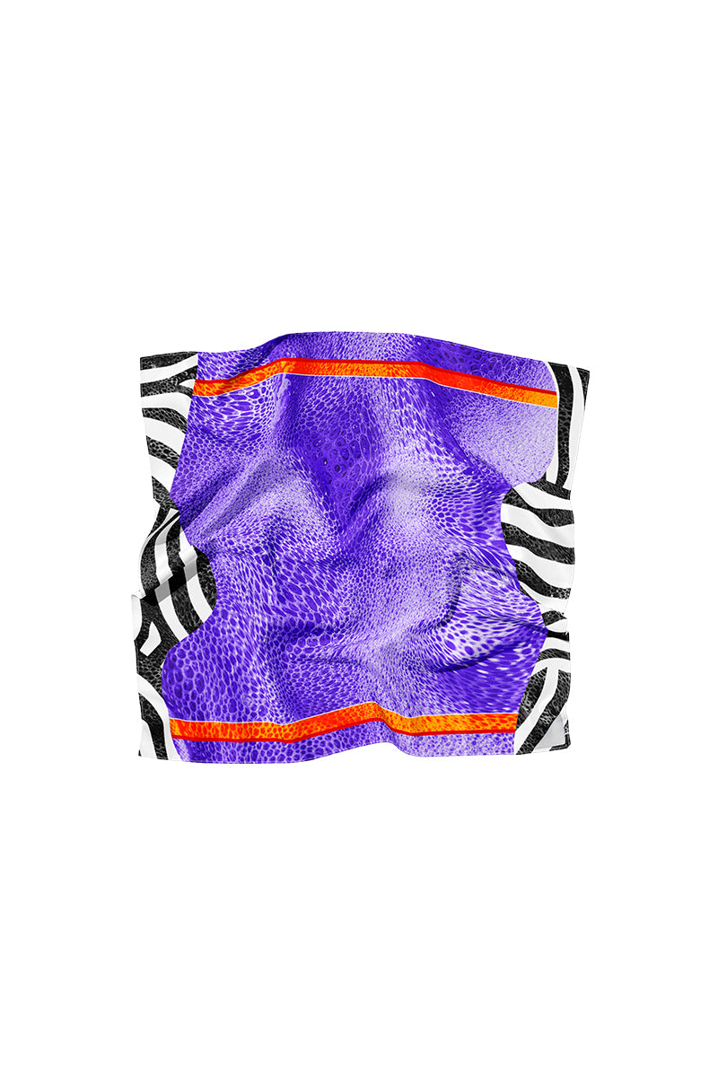 Small silk scarf featuring vibrant zoo-inspired patterns from Amel Batita ZOO MOUSSARD collection.