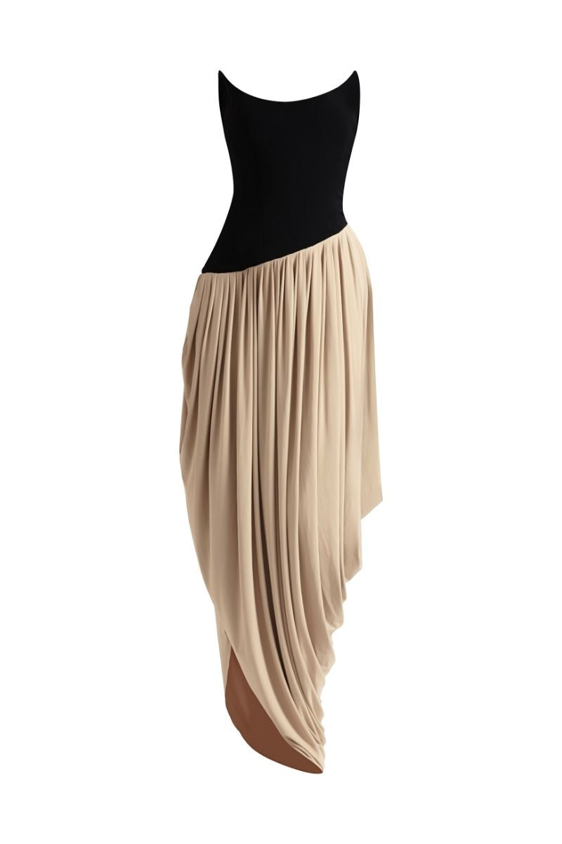 Deme By Gabriella Zosia black and beige maxi dress with flowing fabric and elegant design, perfect for summer or formal occasions.