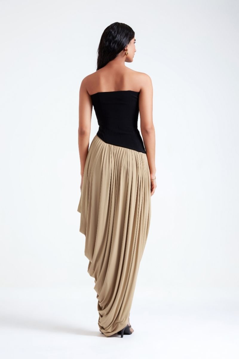 Deme By Gabriella Zosia black and beige maxi dress with flowing fabric and elegant design, perfect for summer or special occasions.