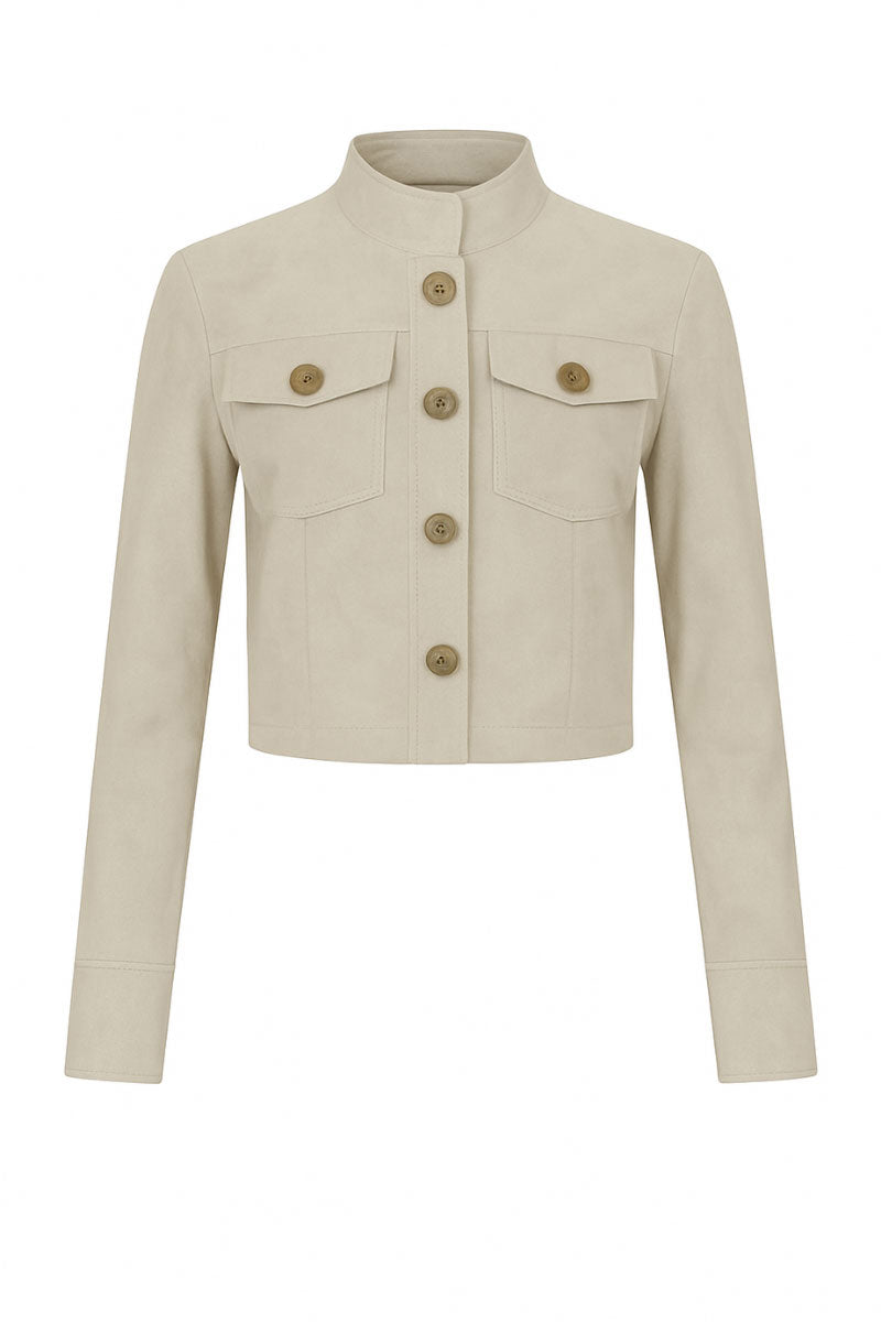 ZUT ZUKE cropped jacket in sand color, stylish lightweight jacket with long sleeves and a front zipper.