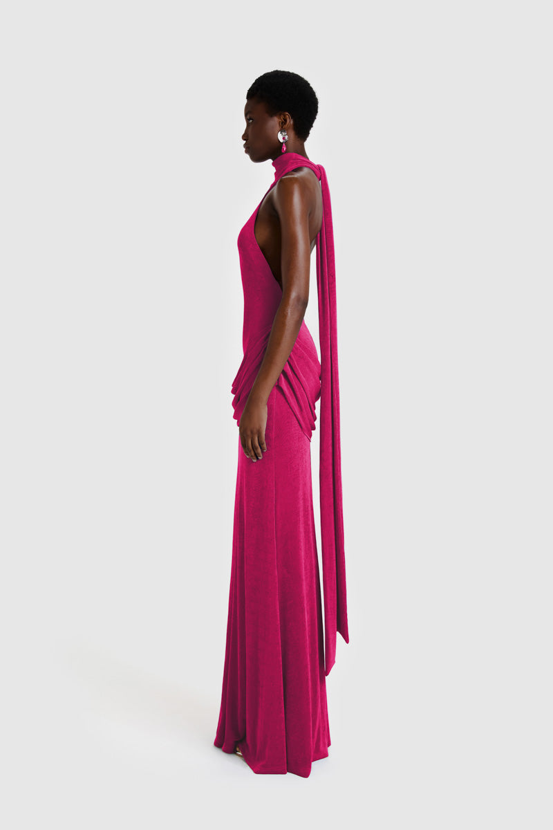 BBXBRAND Zuma Maxi Dress in vibrant dragonfruit color, flowing maxi length with sleeveless design and floral pattern.