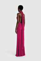 Pink and purple Zuma Maxi Dress in Dragonfruit print by BBXBRAND, flowing fabric with sleeveless design and leafy pattern.