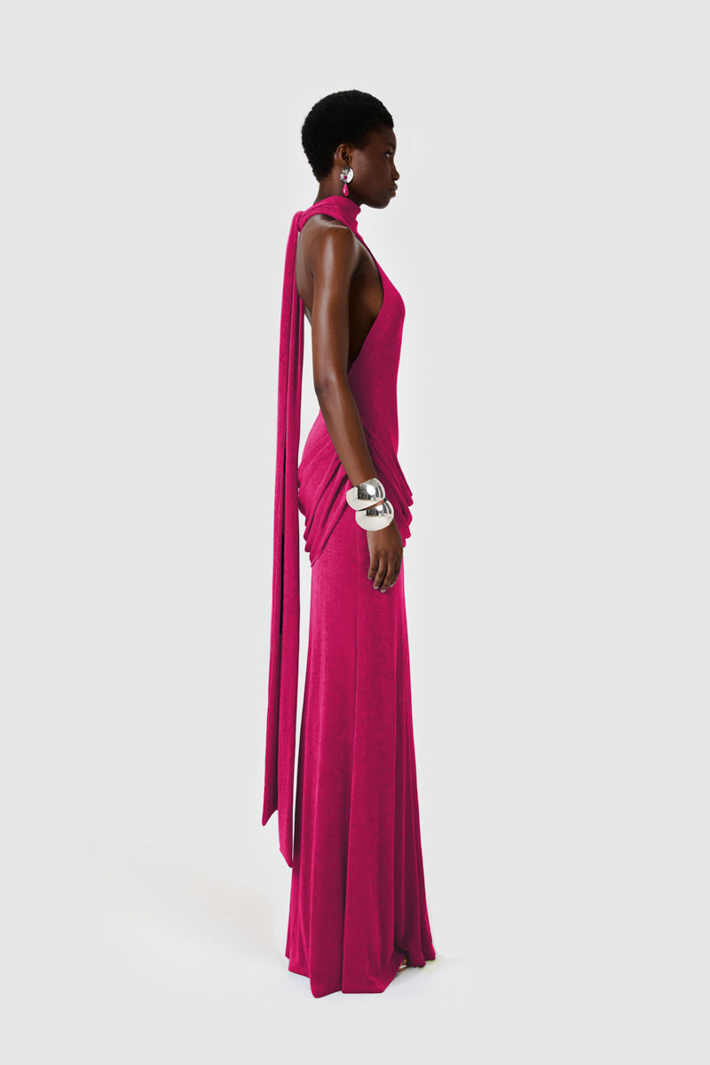 BBXBRAND Zuma maxi dress in vibrant dragonfruit print, flowing fabric, sleeveless design, perfect for summer occasions.