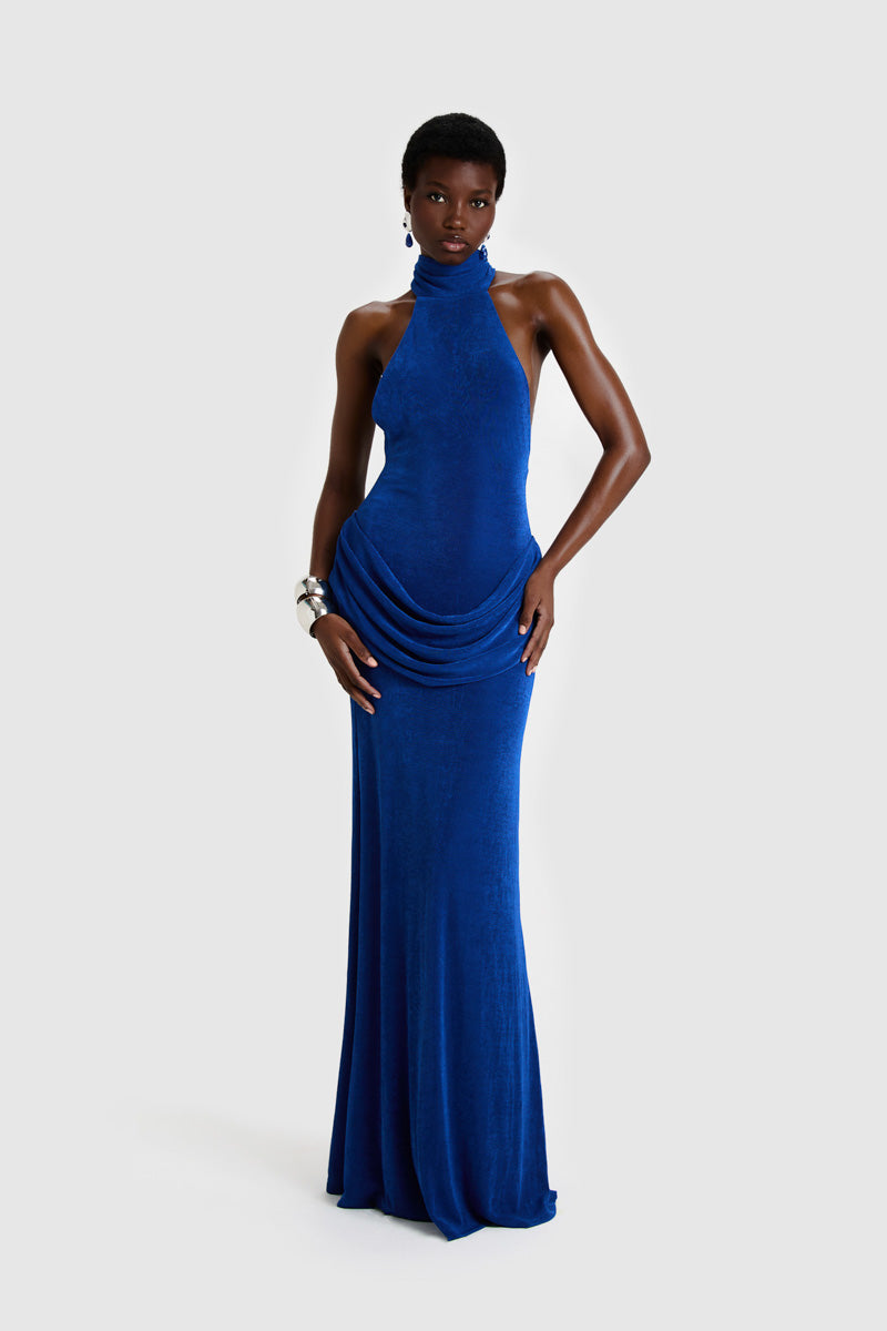 Elegant BBXBRAND Zuma Maxi Dress in sapphire blue, flowing maxi dress with a stylish silhouette and vibrant color.