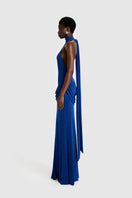 Elegant BBXBRAND Zuma Maxi Dress in sapphire blue, flowing maxi dress with a stylish neckline, perfect for summer or special occasions.