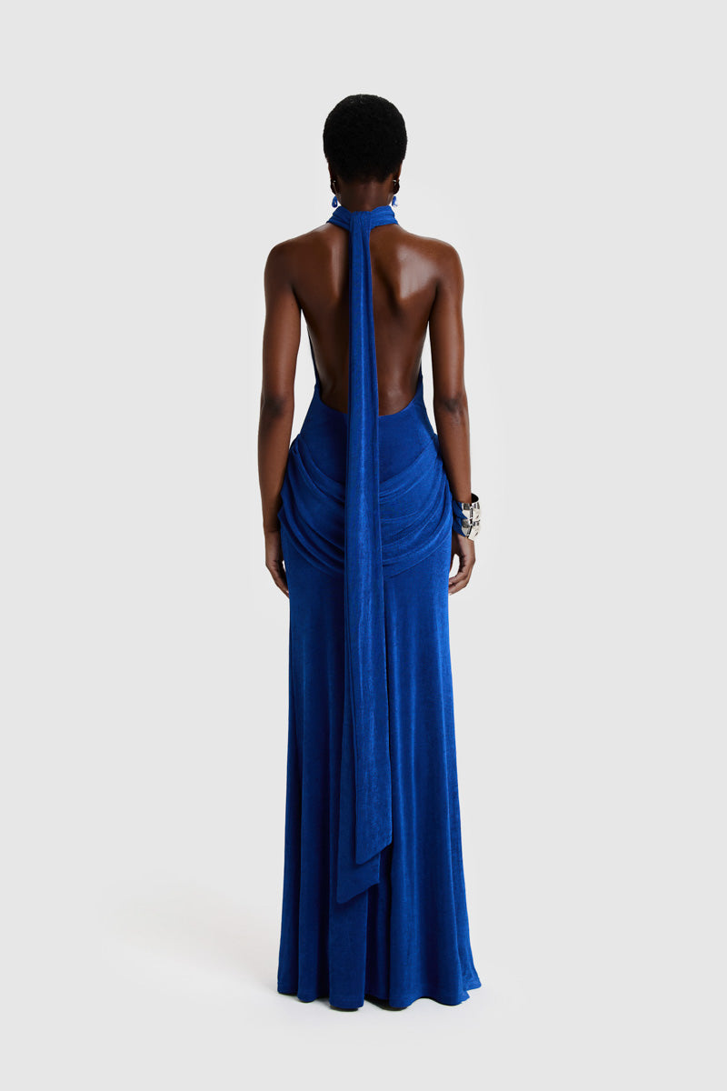 BBXBRAND Zuma Maxi dress in sapphire color, featuring a flowing design perfect for summer occasions.