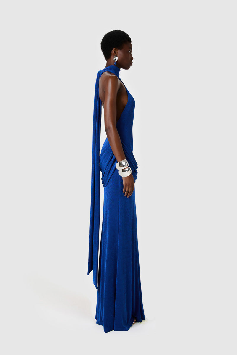 BBXBRAND Zuma Maxi in sapphire, elegant long maxi dress with flowing fabric and sleeveless design, perfect for summer occasions.