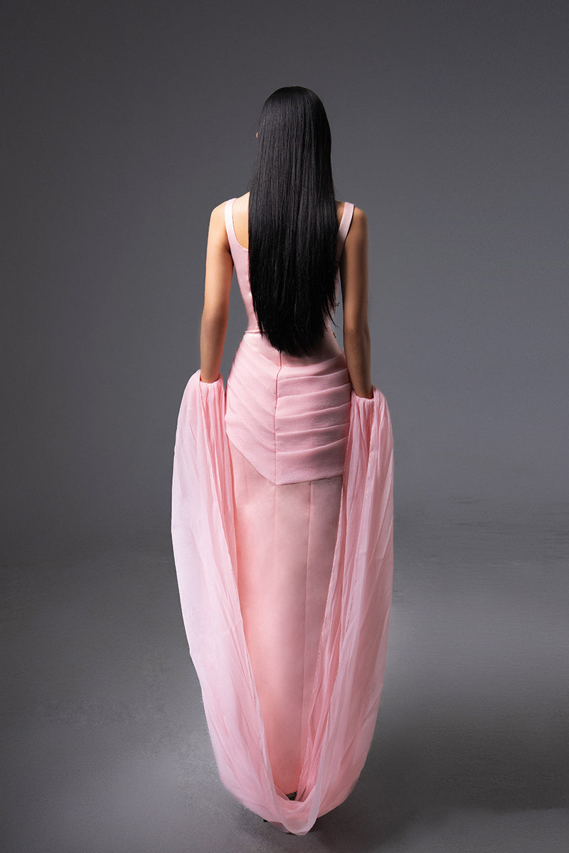 Pink CULT MIA X HAPPY CLOTHING Sienna cold shoulder taffeta gown with elegant design and flowy fabric, perfect for formal occasions.