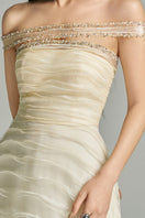 Beige CULT MIA X HAPPY CLOTHING off-shoulder organza gown with flowing fabric and elegant design, perfect for formal occasions.