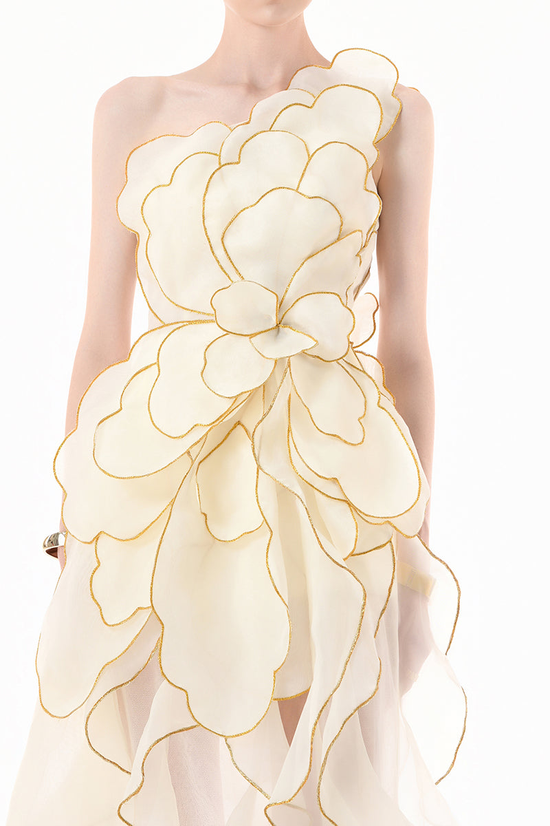 Ivory sculpted petal gown by Happy Clothing from Cult Mia X collection, featuring intricate petal detailing and elegant design.