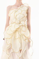 Ivory sculpted petal gown by Happy Clothing from Cult Mia X collection, featuring intricate petal detailing and elegant design.