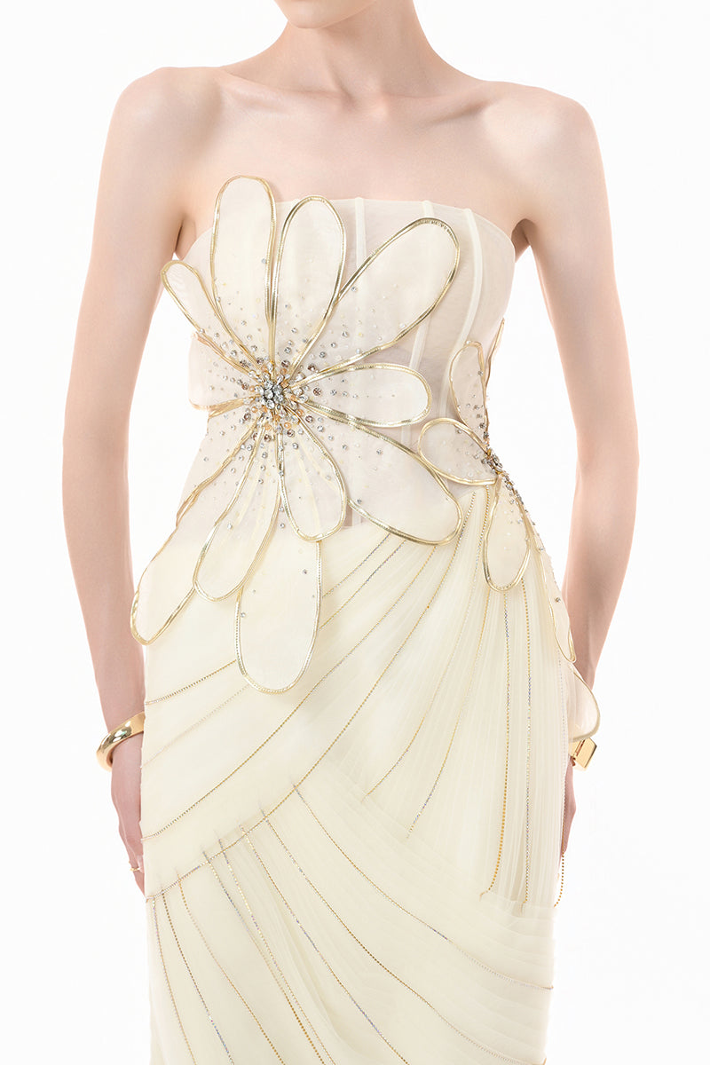 Ivory 3D floral corset column gown by Happy Clothing, featuring intricate floral details and a fitted silhouette.